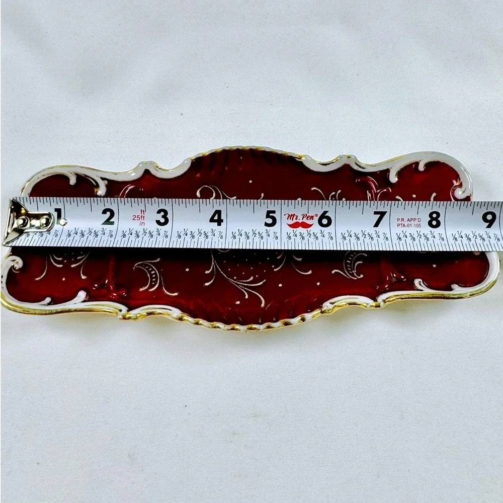 Vintage Ruby Red Porcelain Vanity Tray Gold Gilt Scalloped Divided Trinket Dish